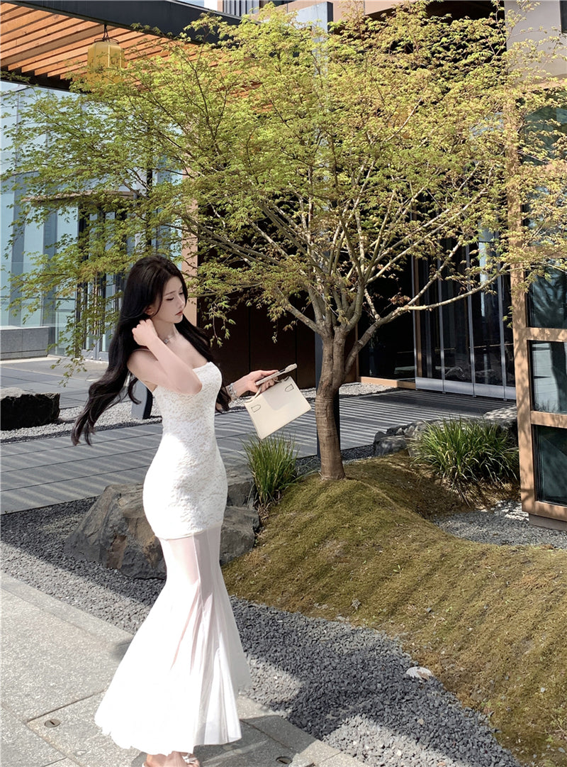 White lace suspender dress beautiful waist hip skirt R0526