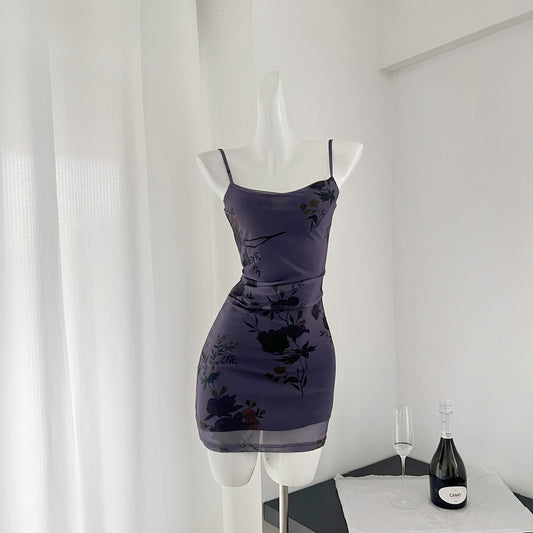 French style slim waist slim long purple dress R2075