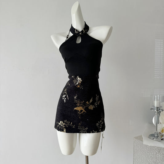 New Chinese dress 2025 national style printed a-line waist short skirt R2072