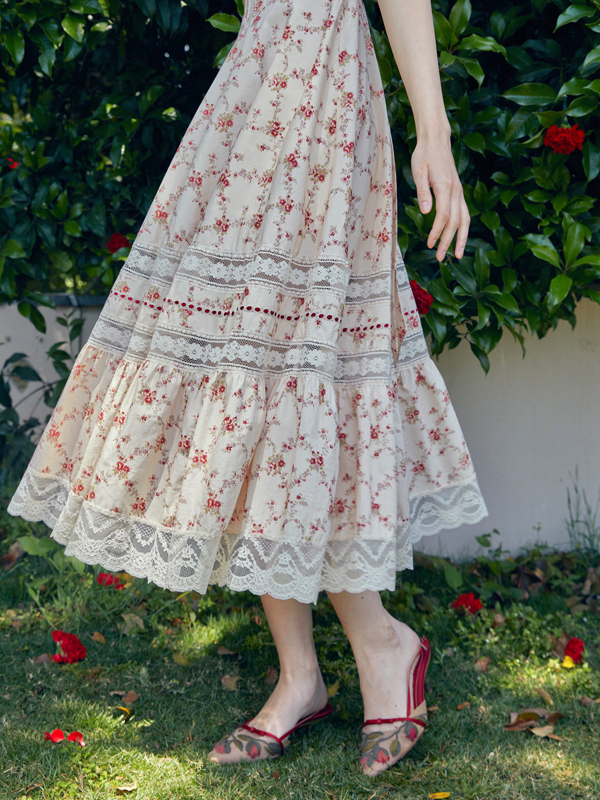 French cotton pastoral lace print dress fishbone skirt square neck women R5071