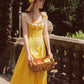 French pastoral style yellow suspender long dress lace girlish dress R5068