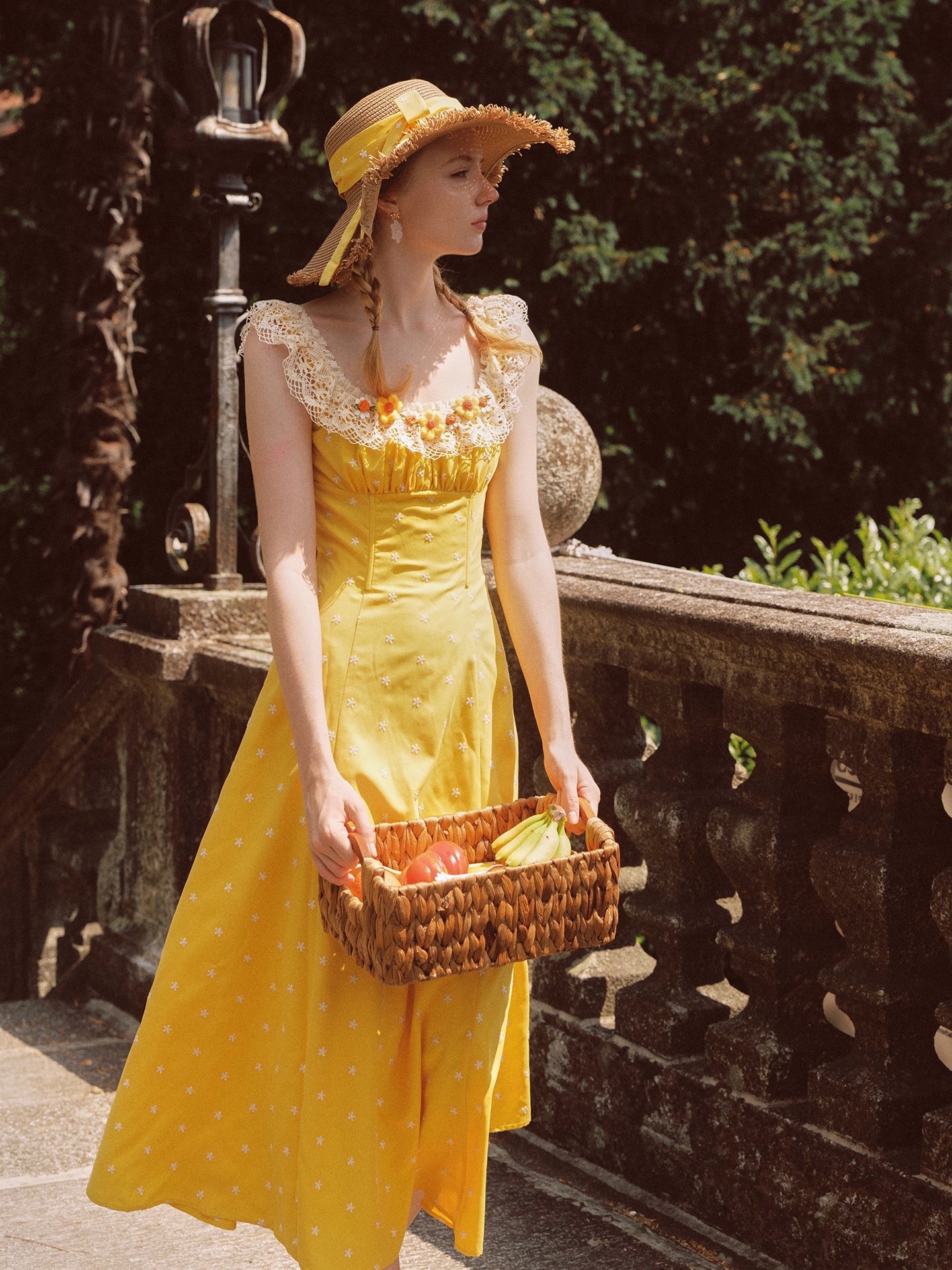 French pastoral style yellow suspender long dress lace girlish dress R5068