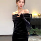 Hepburn style birthday dress high-end niche temperament black one-shoulder velvet dress R1813