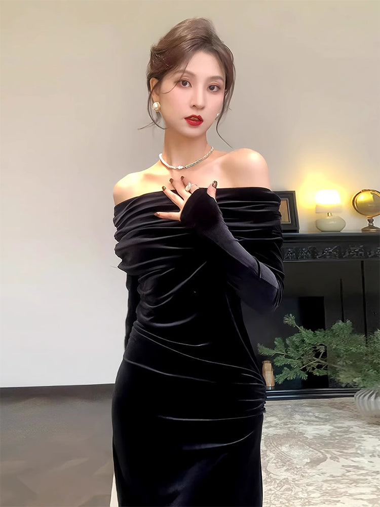Hepburn style birthday dress high-end niche temperament black one-shoulder velvet dress R1813