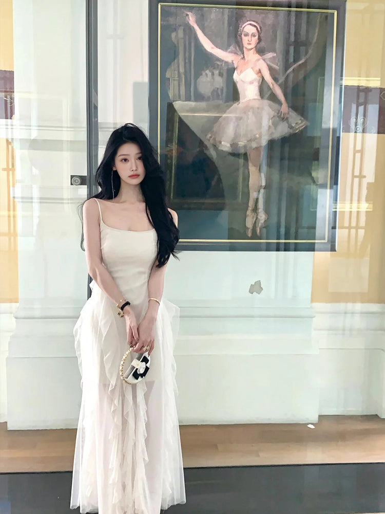 Holiday French style white suspender dress niche design slim fit fairy long dress R1812