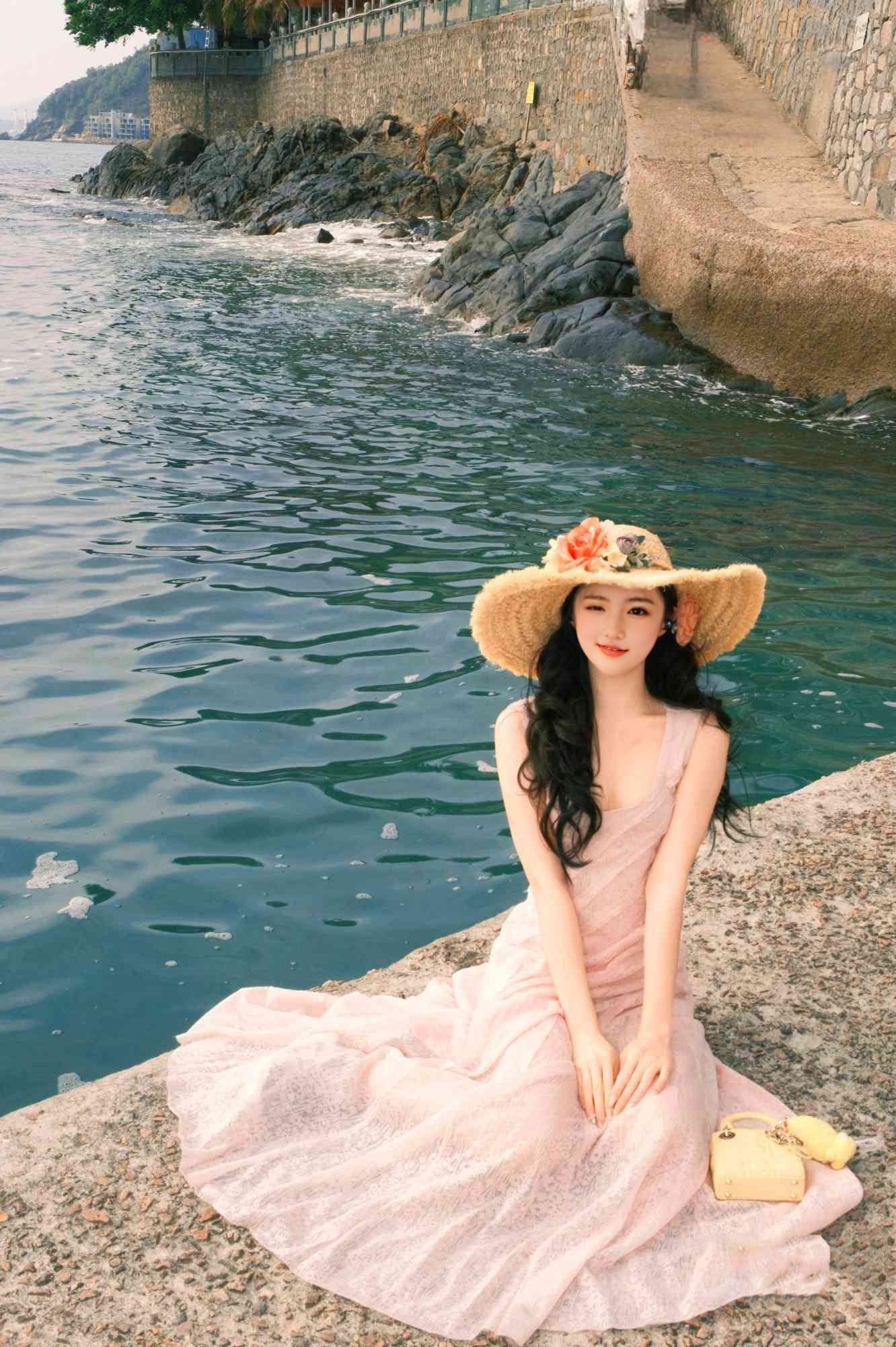 Pink lace suspender dress unique waist temperament long skirt R0496