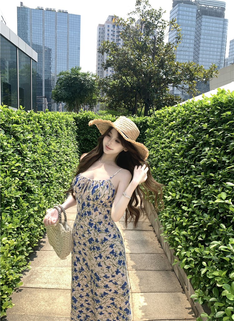 Tea break floral suspender dress gentle temperament waist slim fit A-line skirt R0499
