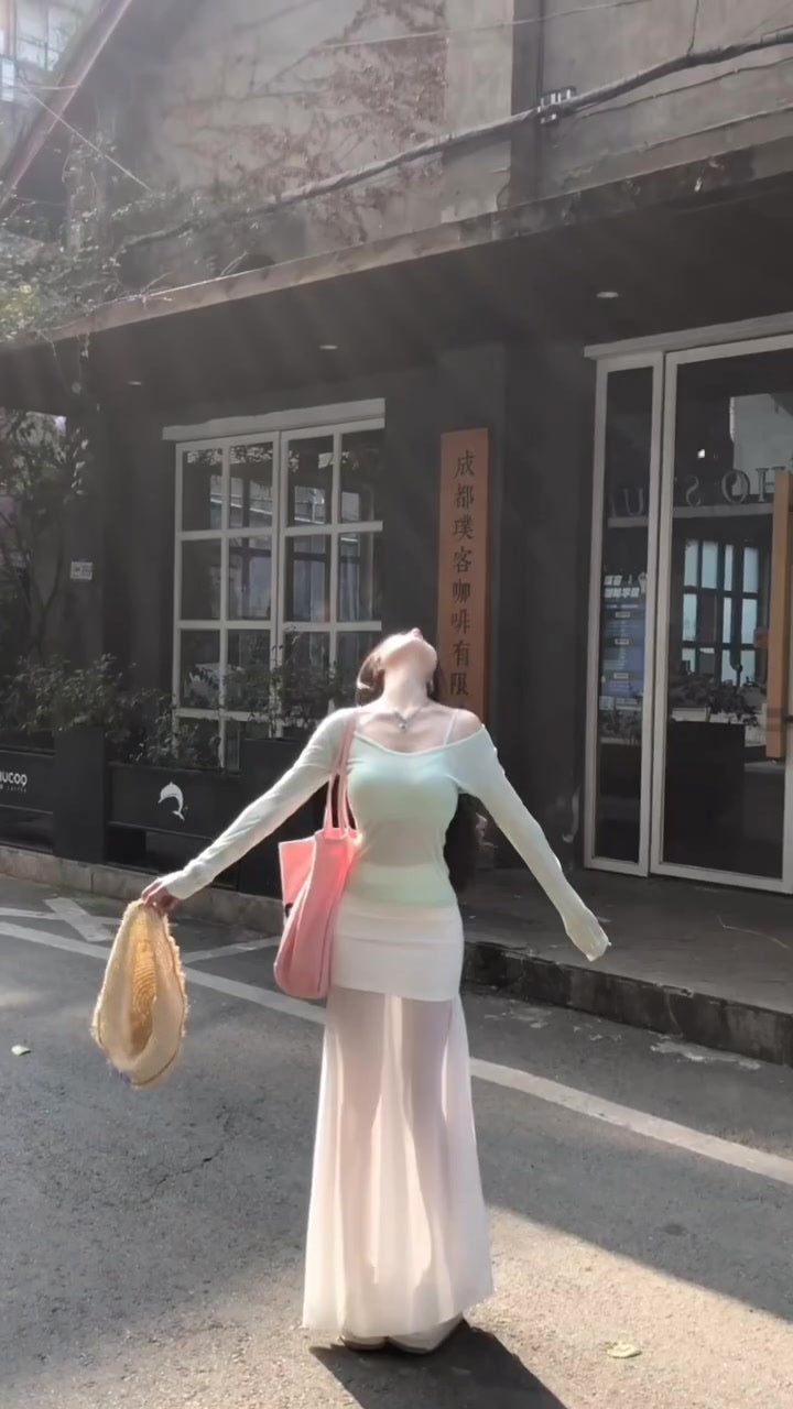 2025 Cool and Relaxed Wear Set Green Long-sleeved T-shirt Vest Skirt Three-piece Set R0497