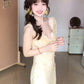 Gentle style yellow v-neck floral dress beautiful temperament waist slim long dress R0503