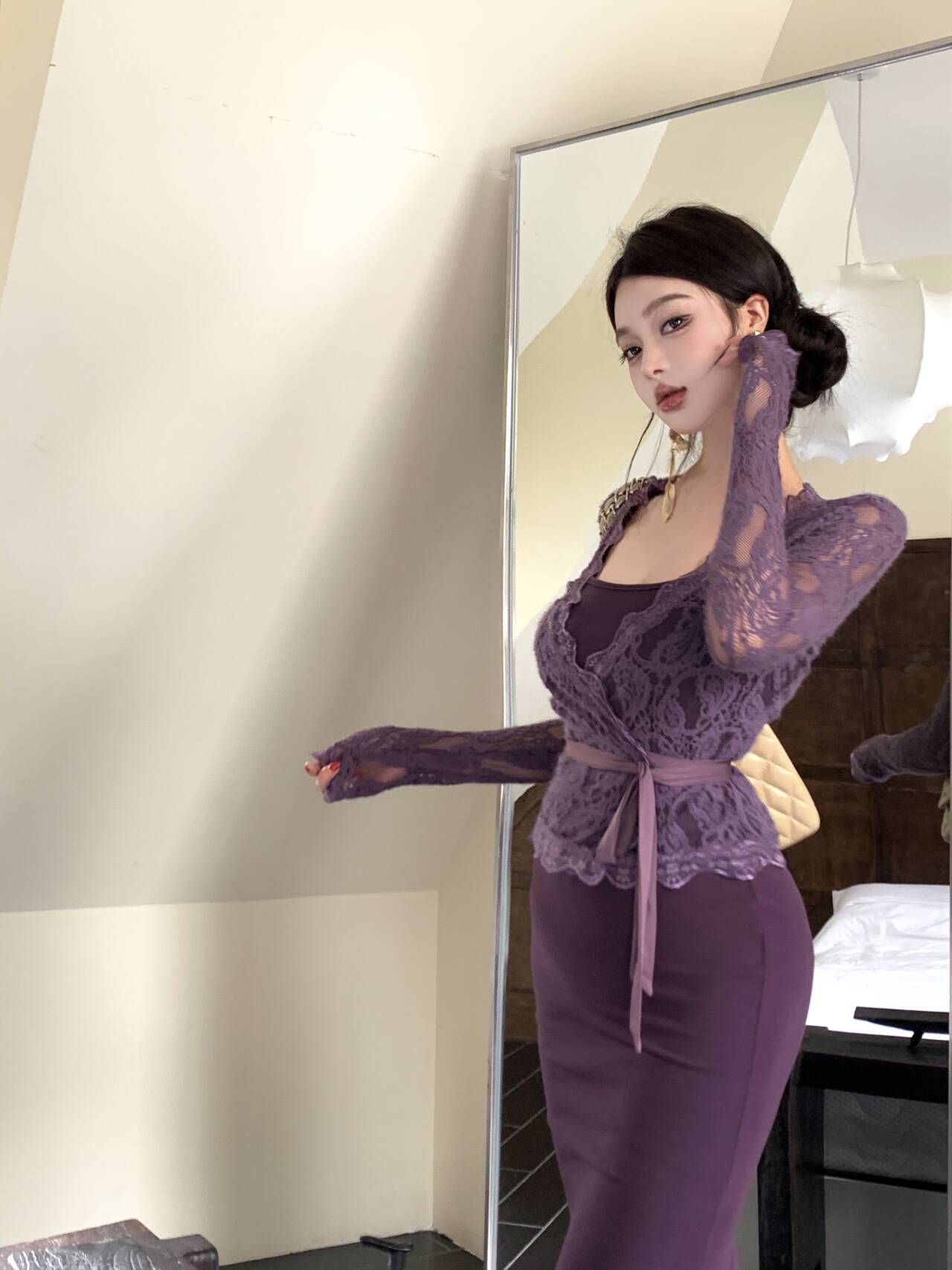 Purple lace cardigan slim fit hip fishtail sling dress two piece suit royal sister skirt R0505