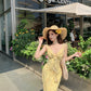 Yellow v-neck floral dress with ruffles, beautiful and unique waist-hugging hip skirt R0500