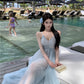 Blue V-neck suspender dress beautiful gentle temperament small skirt R0669