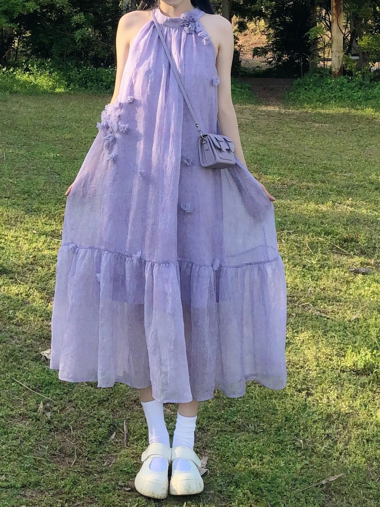Atmosphere small skirt gentle temperament A-line long skirt purple halter neck dress R0671