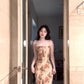 Retro floral suspender dress beautiful waist slim beach dress R0668