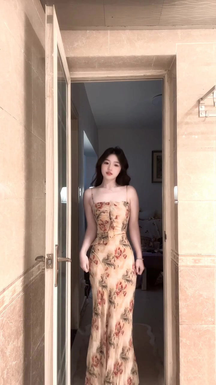 Retro floral suspender dress beautiful waist slim beach dress R0668