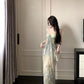 Green floral suspender dress, elegant waist slim beach dress R0670