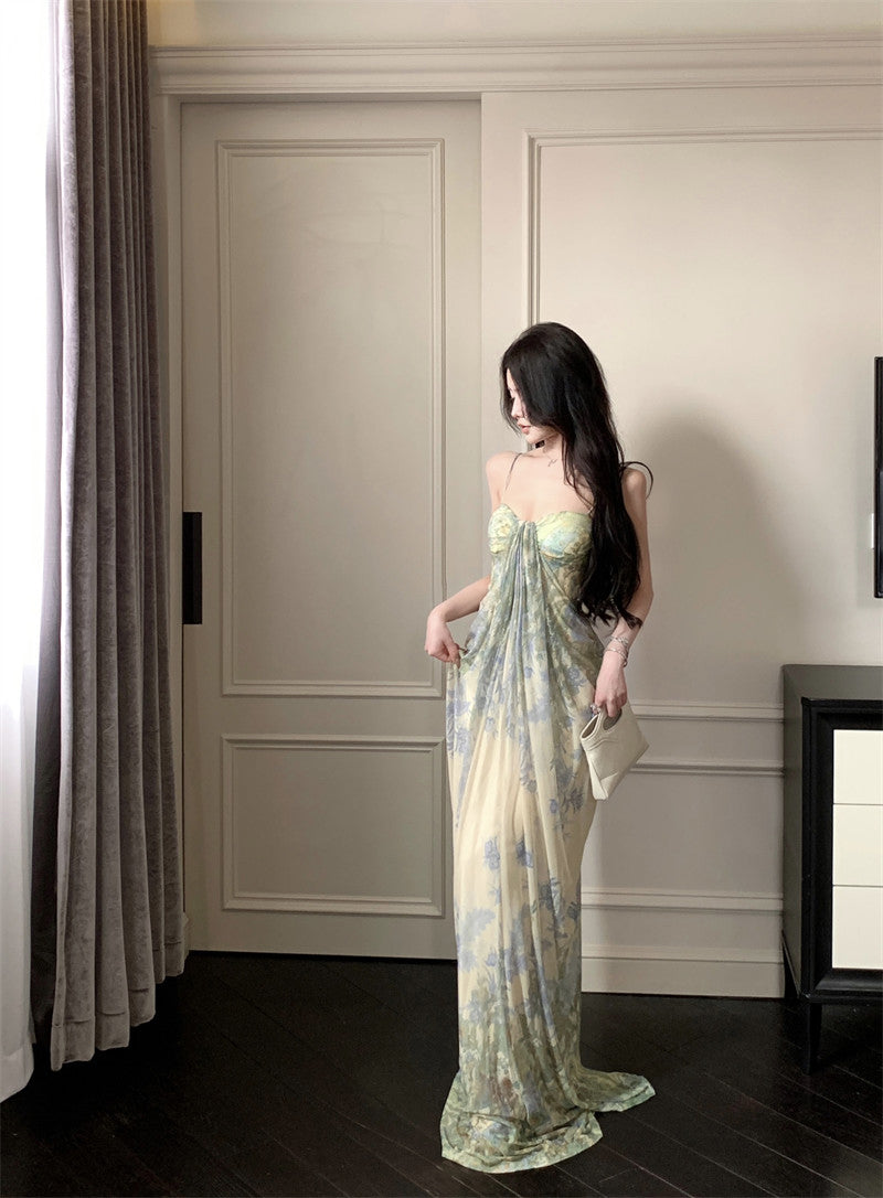 Green floral suspender dress, elegant waist slim beach dress R0670