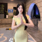 French yellow one-shoulder knitted dress for women in summer, slim waist and hip short skirt R3598