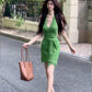 French green V-neck halter dress for women summer temperament waist sexy holiday short skirt R3599