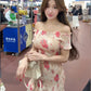 French style beautiful pink printed one-shoulder women's summer slimming and slimming hip skirt R3597
