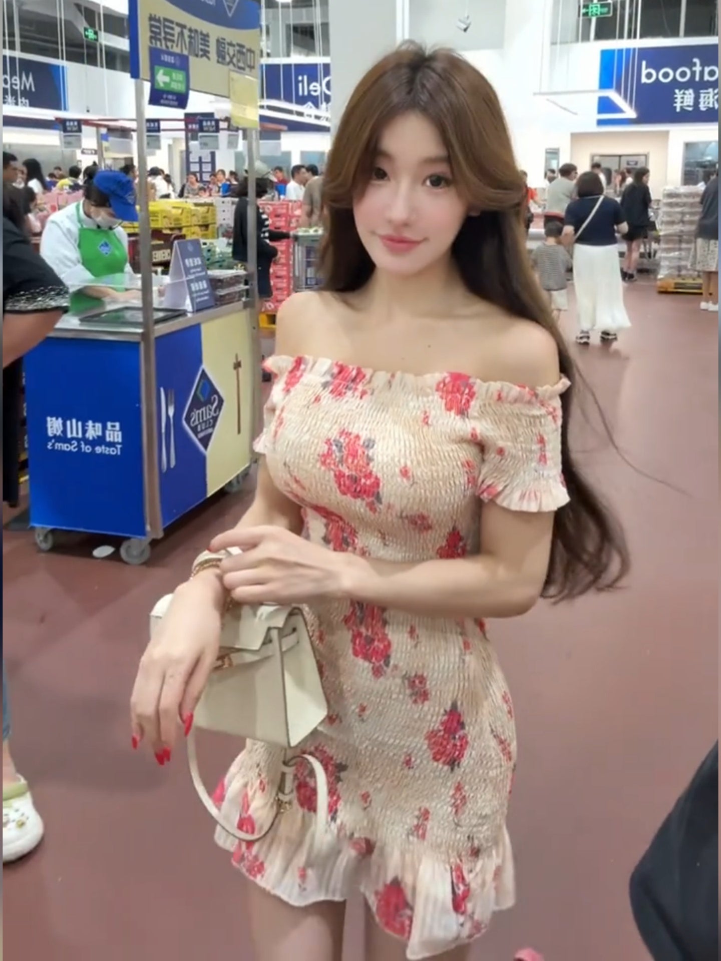 French style beautiful pink printed one-shoulder women's summer slimming and slimming hip skirt R3597