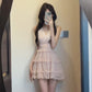 French sweet pink V-neck sleeveless women's summer temperament princess dress waist chiffon skirt R3600