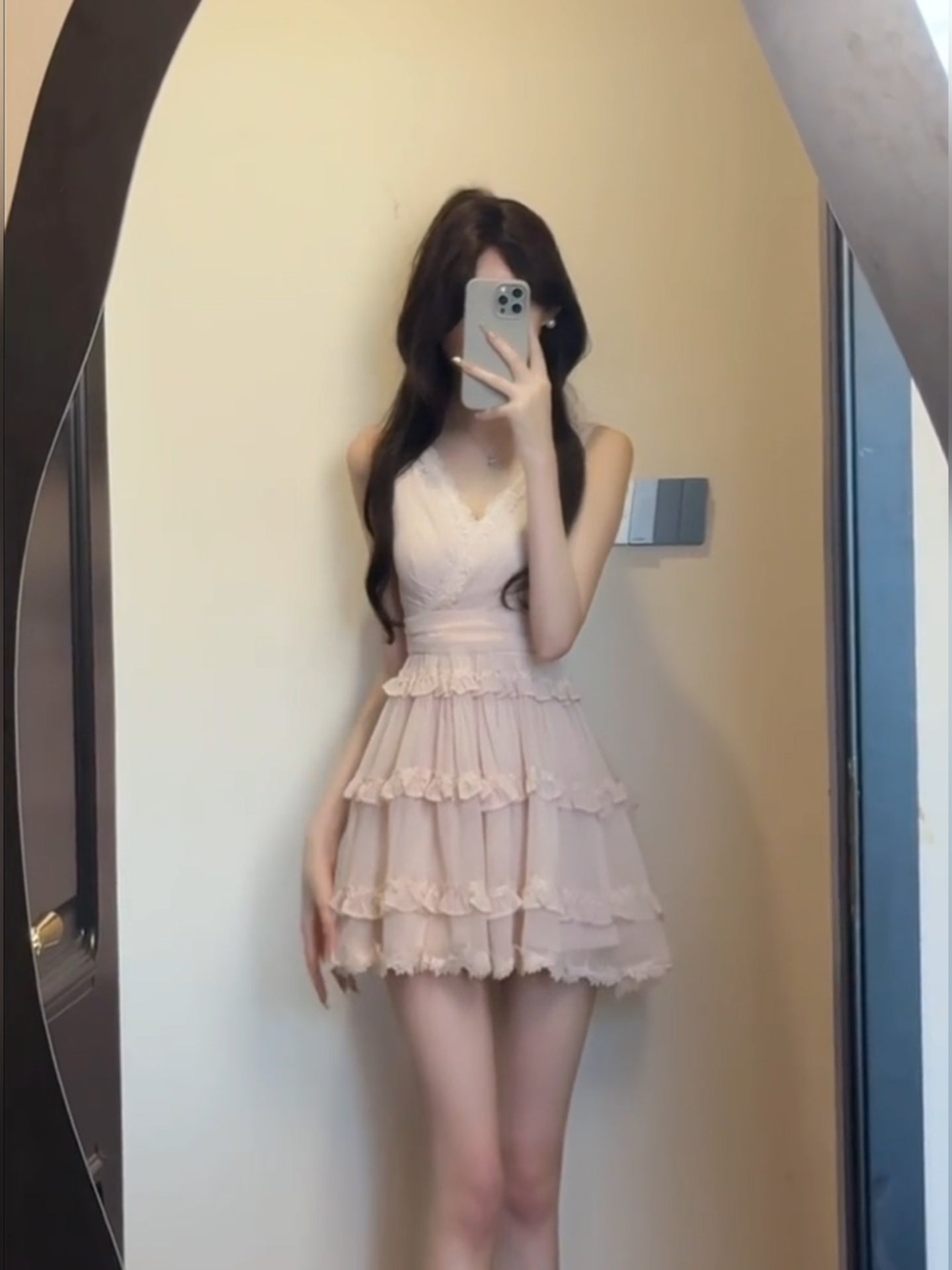 French sweet pink V-neck sleeveless women's summer temperament princess dress waist chiffon skirt R3600