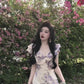 Purple V-neck floral one-shoulder dress gentle temperament waist A-line long skirt R0776