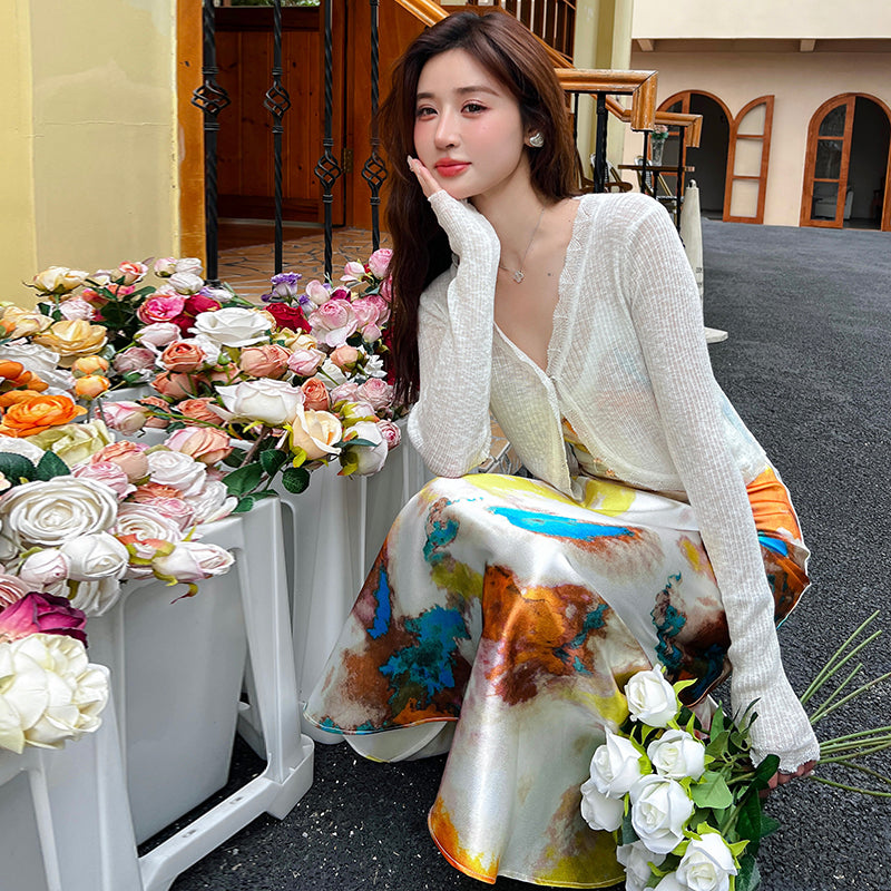 V-neck suspender dress 2025 new French style high-end temperament printed satin long skirt R1004