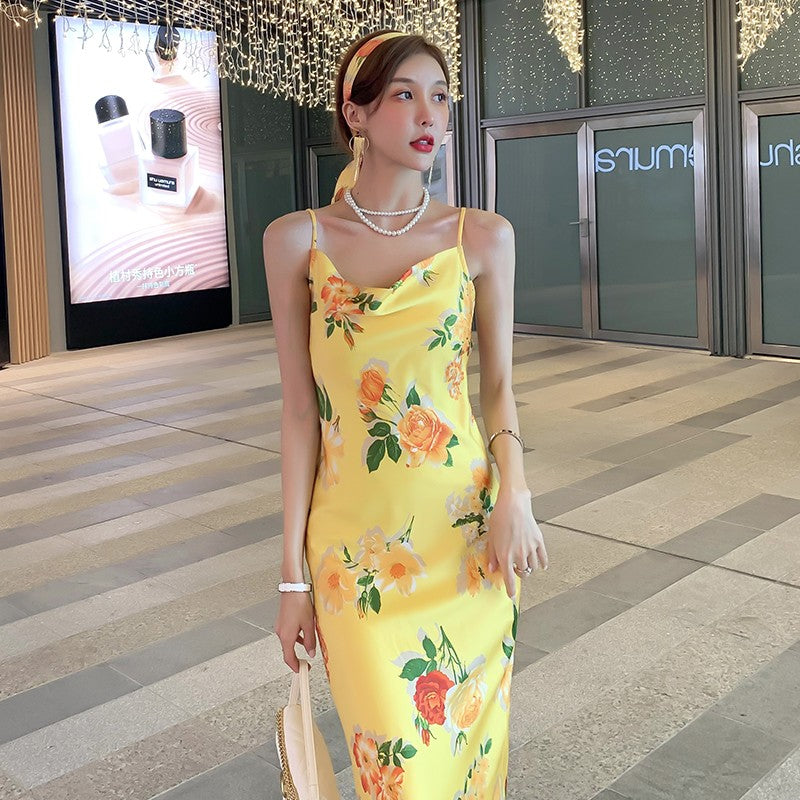 French style yellow floral suspender dress high-end niche design petite long skirt R1005