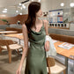 Green acetate satin silk suspender dress women's medium length 2025 new long skirt R1006