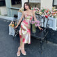 French retro print slim fairy dress sexy high-end pure desire wind collar suspender long dress R1007