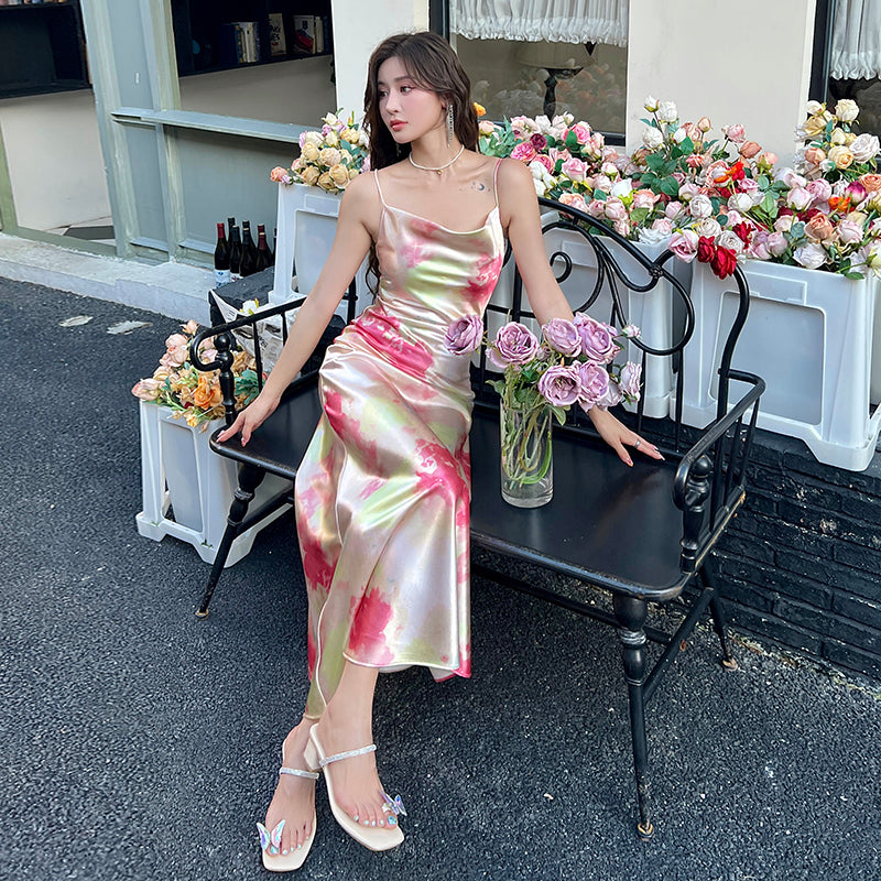 French retro print slim fairy dress sexy high-end pure desire wind collar suspender long dress R1007