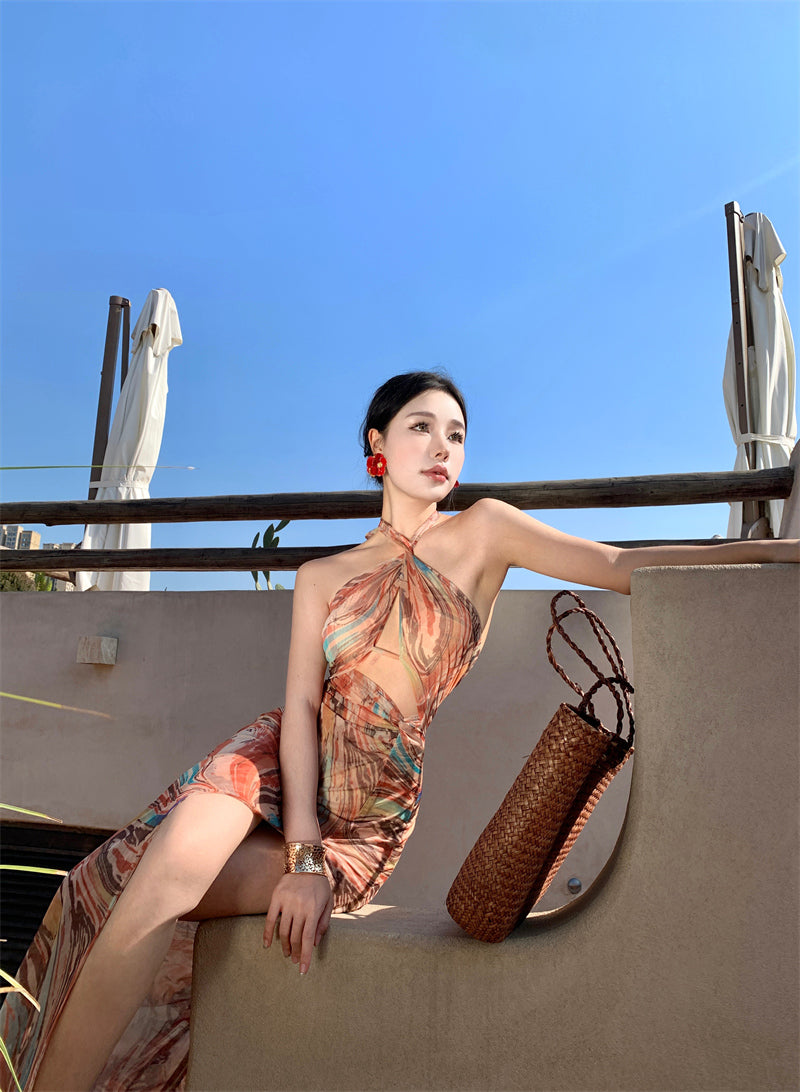 Beach dress for vacation, slim and sexy, backless, halter neck, high slit dress R1612