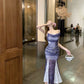 Beautiful small skirt waist hip skirt purple floral suspender dress R0635
