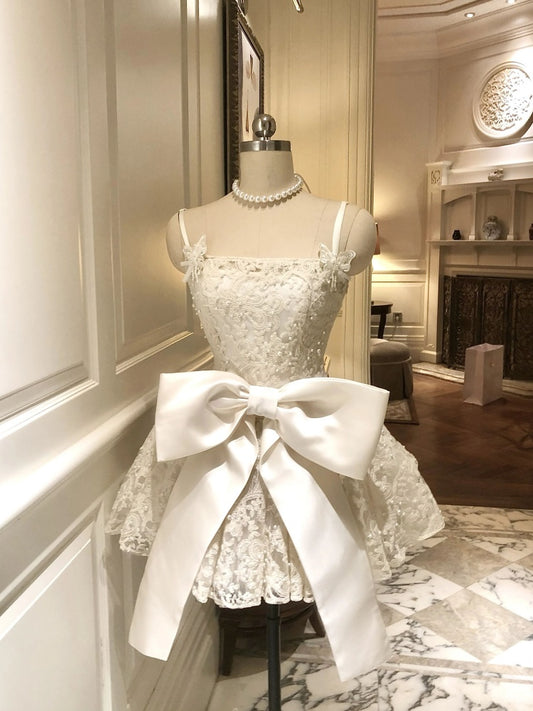 Lace bow strapless dress, summer dress, waist cinched princess puffy short skirt, homecoming dress R2994