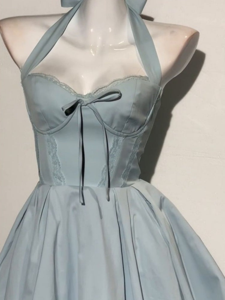 Summer Butterfly Dew Back Small Skirt Blue Hanging Neck Waist Dress 2025 New Homecoming Dress R2995