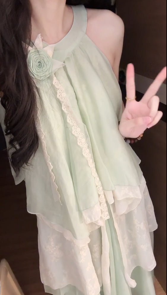 Mint green halter neck dress irregular beautiful loose beach dress R0665