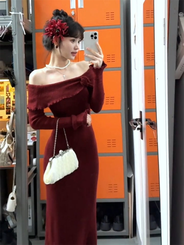 French high-end red one-shoulder knitted dress beautiful slim and elegant long skirt R1789