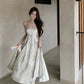 New Chinese style printed satin suspender dress niche waist slim temperament long skirt R1791
