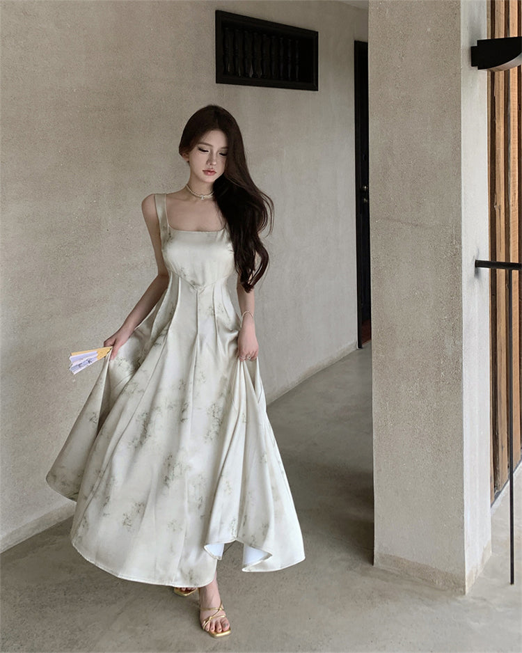 New Chinese style printed satin suspender dress niche waist slim temperament long skirt R1791