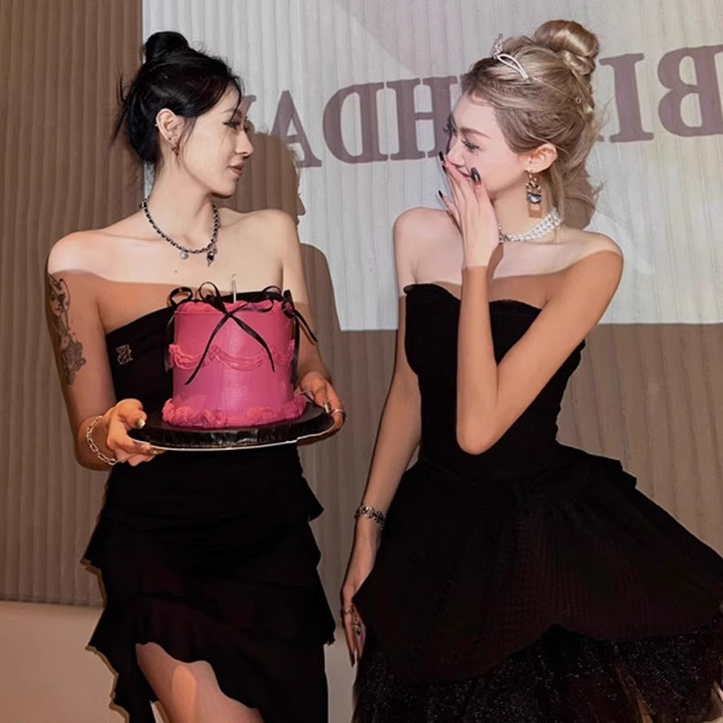 Birthday party dress niche high-end luxury temperament sexy black tube top dress R1790