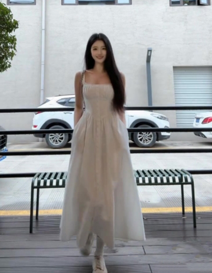 Gentle white moonlight suspender dress unique waist A-line skirt R0514