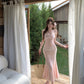 Pink floral suspender dress, beautiful waist, slim fit, hip fishtail skirt R0631