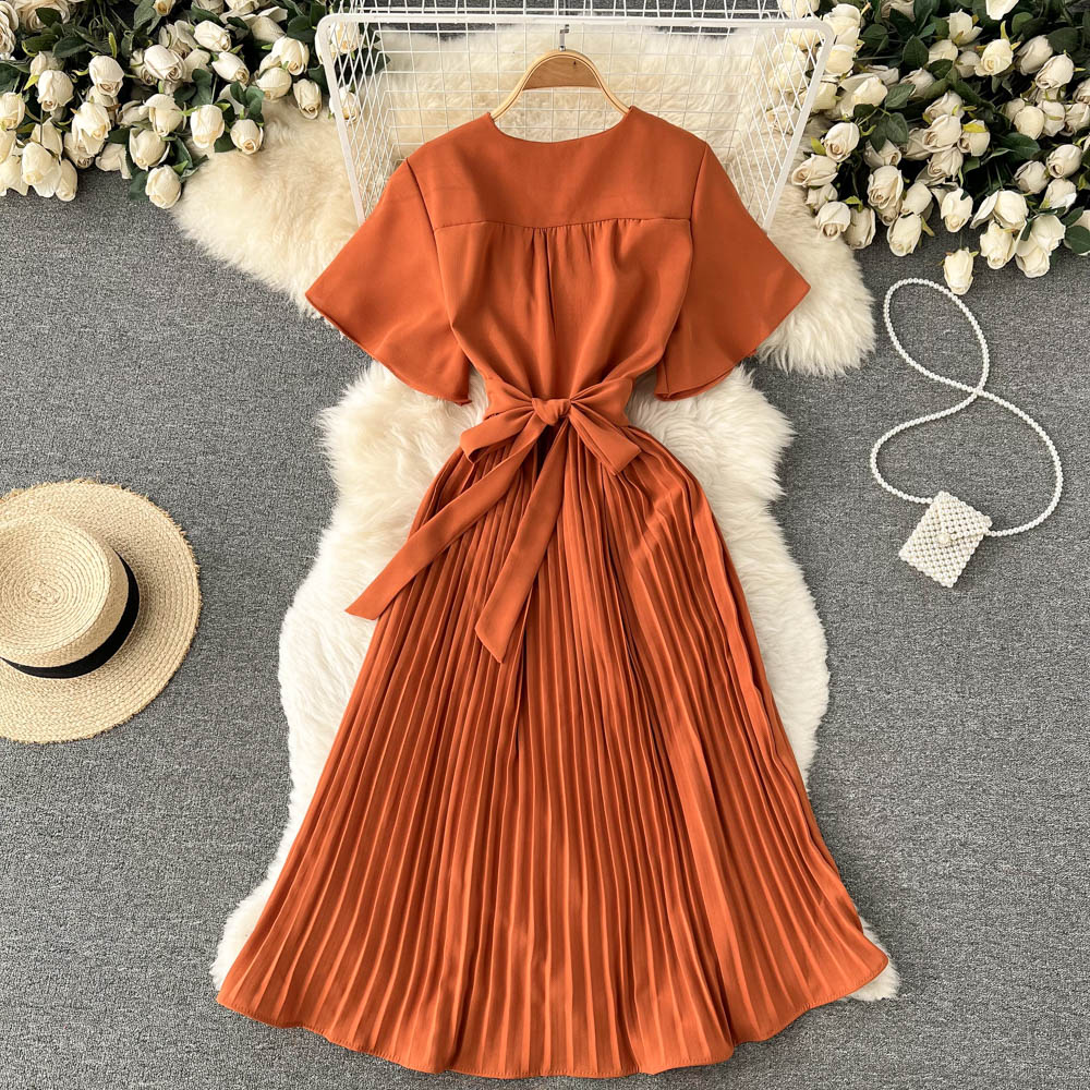 French slim fit long holiday style chiffon pleated maxi dress temperament V-neck dress R2353