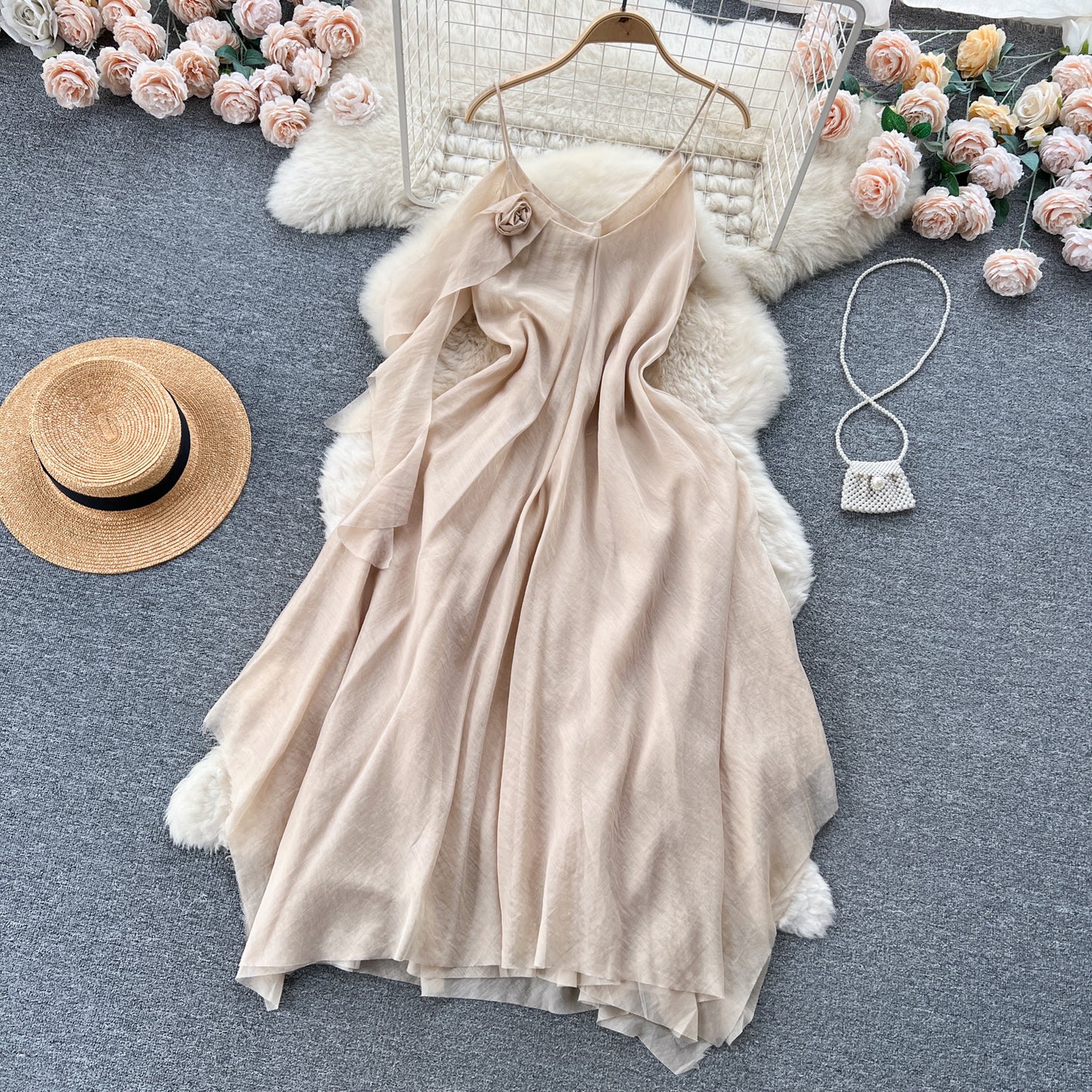 French sleeveless suspender dress 2025 new slim three-dimensional flower chiffon long skirt R2355