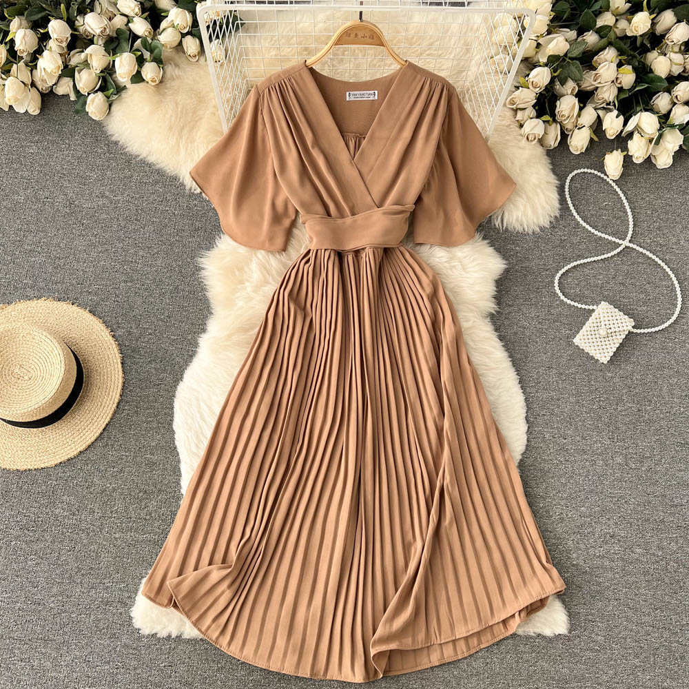 French slim fit long holiday style chiffon pleated maxi dress temperament V-neck dress R2353