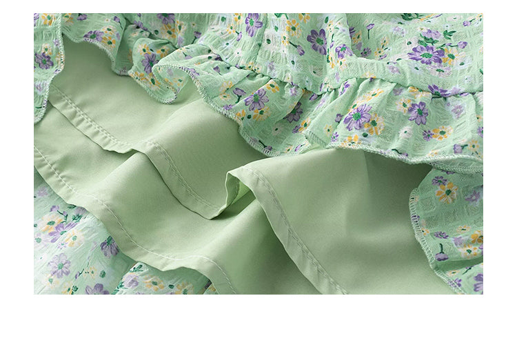 French green floral sling dress 2025 new holiday temperament cake dress R2582