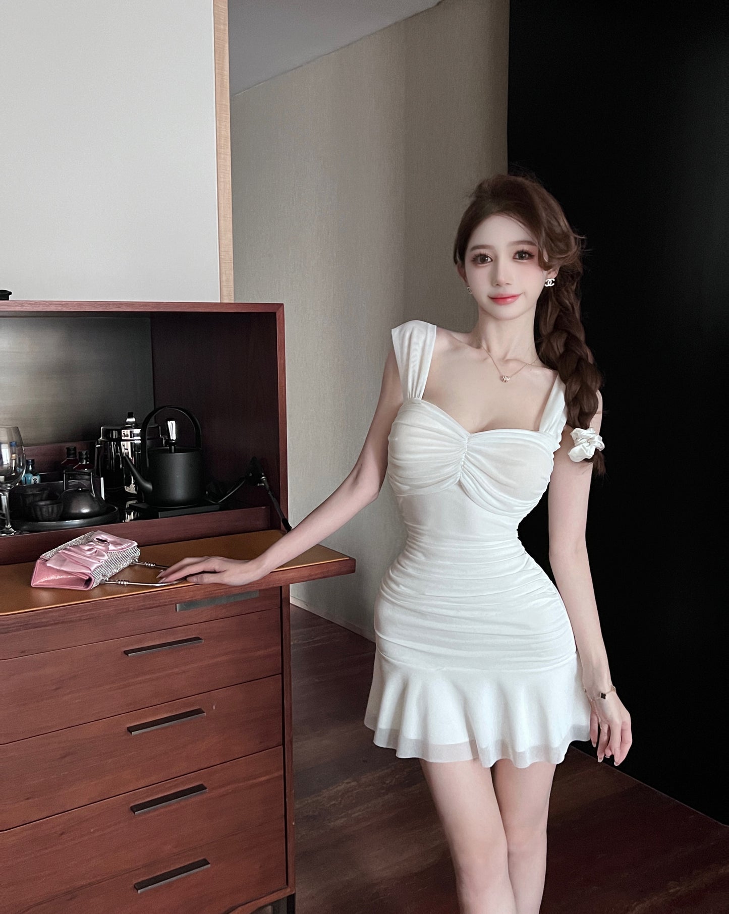 French pure desire style sexy mesh dress ruffled slim fit hip-hugging short skirt vest skirt R3630