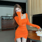 Irregular hot girl style off-shoulder slim drawstring sexy tube top dress R3669